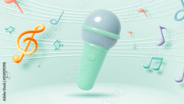 Fototapeta Pastel 3D Microphone Surrounded by Colorful Musical Notes and Curved Music Staff Lines