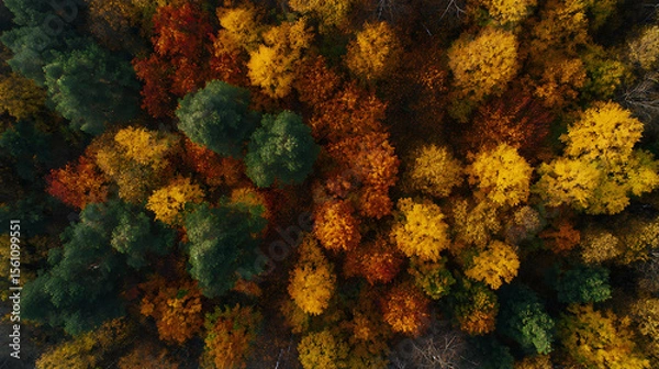 Fototapeta Aerial drone shot of colorful autumn forest with orange and yellow tree canopy