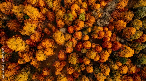 Fototapeta Aerial drone shot of colorful autumn forest with orange and yellow tree canopy