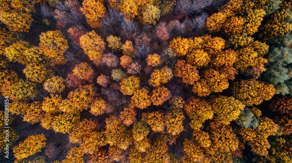 Fototapeta Aerial drone shot of colorful autumn forest with orange and yellow tree canopy