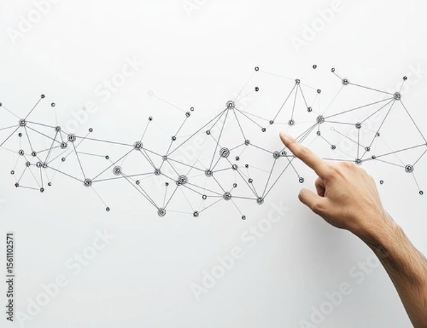 Fototapeta Hand pointing at a complex network of interconnected nodes and lines on a white background