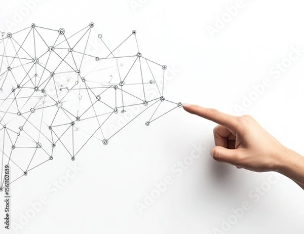 Fototapeta A hand points towards a complex network of interconnected lines and dots on a white background