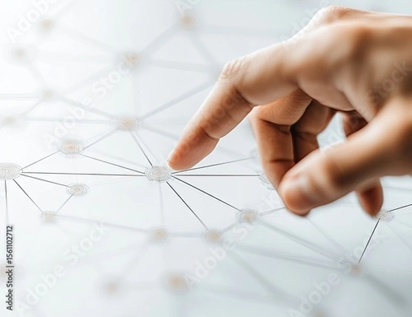 Fototapeta A hand points to a network of interconnected nodes