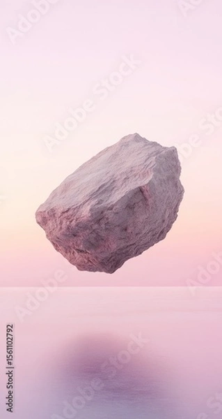 Fototapeta A light gray, irregular rock floats serenely above a pale pink, almost ethereal water surface