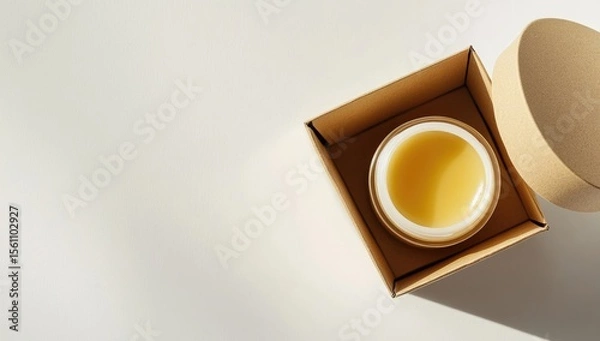 Fototapeta A light beige cardboard box holds a glass jar of golden liquid.  The lid is off, resting beside the jar.  Natural light casts subtle shadows