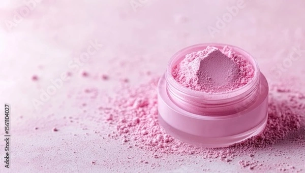 Obraz Pink powder cosmetic in a jar, scattered on a light pink surface