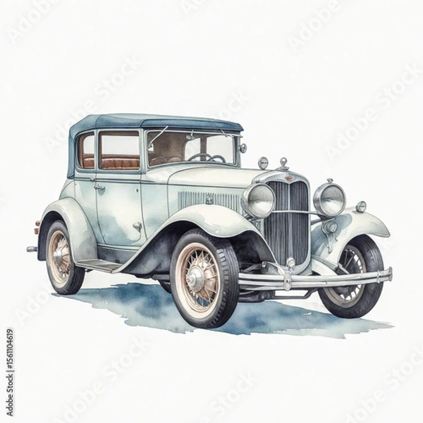 Fototapeta A charming watercolor illustration of a vintage car, delicately painted with soft, nostalgic tones. The classic curves and retro details are captured with gentle brushstrokes