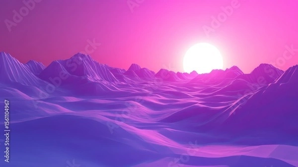 Fototapeta Vibrant, stylized, digital landscape with mountains and a bright sunset.