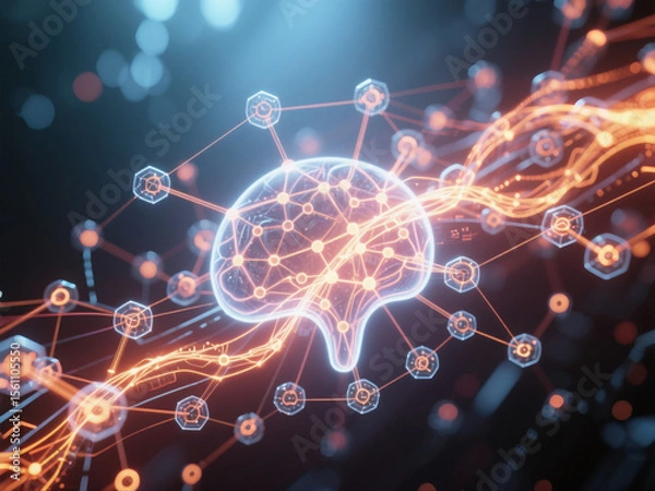 Obraz graph_neural_network, node_edge_flow, data_network, 3d_graph, holographic_interface, 4k_abstract, neural_data_flow, glow, depth_perception, cinematic