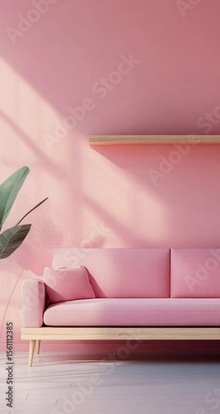 Obraz A minimalist pink living room with a light wooden shelf and a pink couch. Sunlight casts shadows on the wall and furniture. A plant is in the foreground