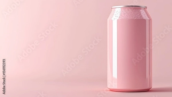Obraz A single, light pink aluminum beverage can on a soft pink background.  The can's surface is smooth and reflective, showing a slightly foamy texture at the top