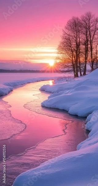 Obraz A winter sunrise over a snow-covered stream.  Pastel pink hues paint the sky and ice, reflecting the setting sun.  Bare winter trees stand sentinel at the water's edge.