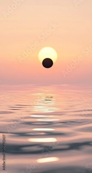 Obraz A serene sunset over a still water surface. A dark circle obscures part of the sun