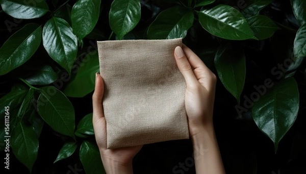 Obraz Hands hold a light beige cloth pouch against a backdrop of lush, dark green leaves
