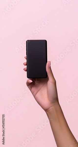 Obraz Hand holding a black smartphone against a light pink background