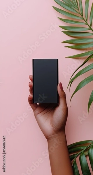 Obraz Hand holding a black power bank against a pink background with palm leaves