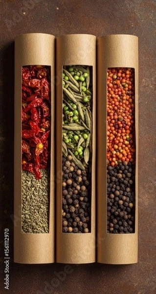 Obraz Three cylindrical containers of various spices.  Vertical view of artisanal spice storage.  Dried herbs and peppers in  natural paper tubes