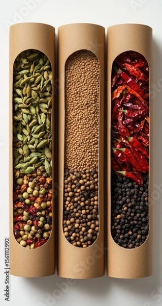 Obraz Three cylindrical containers, each filled with different spices.  Top to bottom  green cardamom pods, ground spice, dried chili peppers