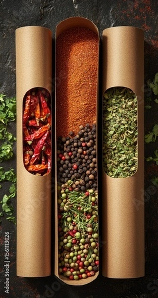 Obraz Three craft paper tubes hold different spice blends