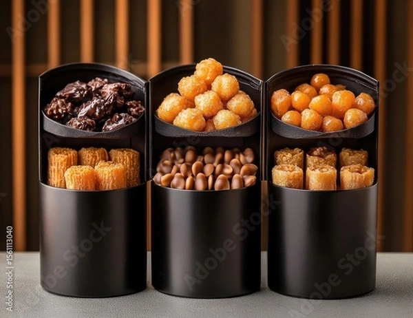 Obraz Three black cylindrical containers hold assorted sweet treats.  Dark chocolate-covered nuts,  golden-brown,  sweet,  crispy snacks, and sugared bits fill each section