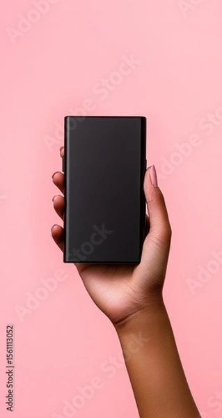 Obraz Hand holding a black power bank against a pink background.  A dark-skinned hand holds a rectangular, matte black portable charger.  The device is centered and angled slightly. 