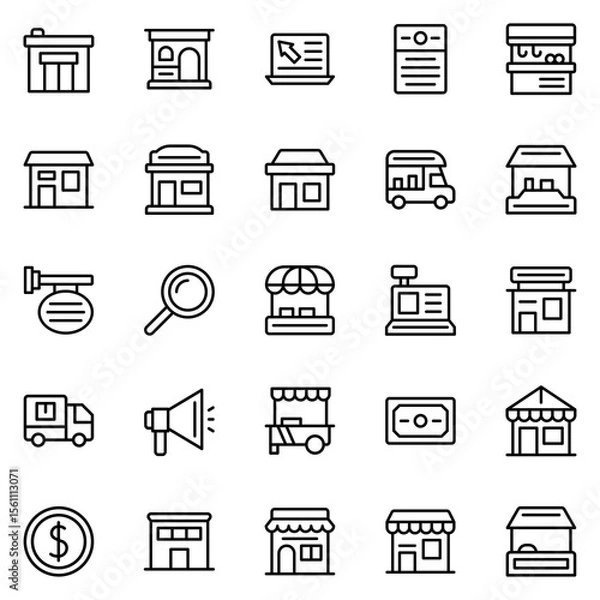 Fototapeta Collection of Basic Small Business Related Vector Line Icons. Contains Icons like Cafe, Barber, Dairy, Gym and more. Editable stroke. 48x48 pixels