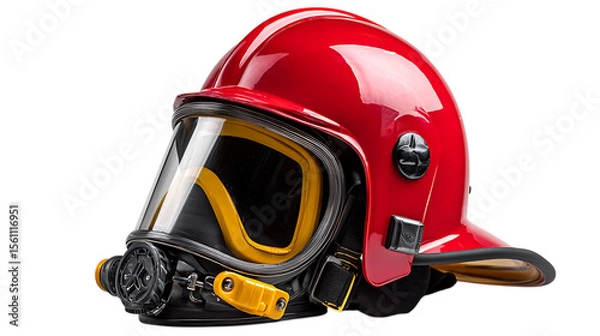Fototapeta Detailed view of a red firefighter helmet with a clear visor and yellow accents isolated on transparent background