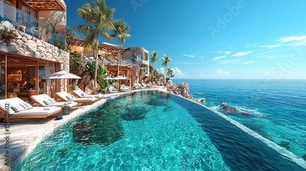 Obraz Oceanfront villa with infinity pool, sun loungers, palms, and breathtaking view