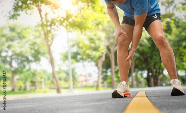 Obraz Runner Leaning Over with Leg Discomfort During Jog