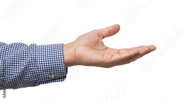 Fototapeta Photo of an outstretched hand with an open palm is presented against a stark white backdrop isolated on white transparent background