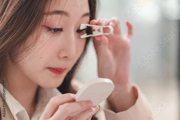 Obraz Young woman applies eyelash curler while checking reflection in compact mirror to enhance eye makeup look