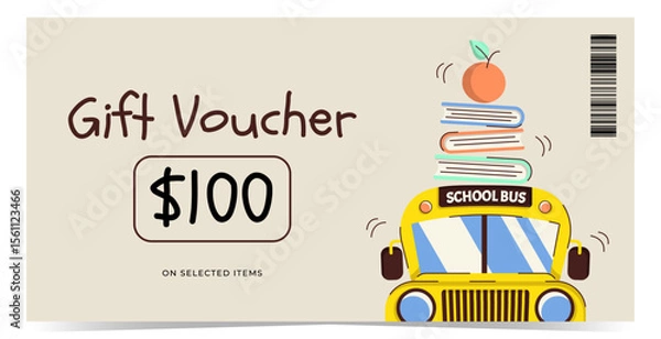 Fototapeta Modern gift voucher template with school bus, books and apple. Design for promotions, discounts, rewards and marketing materials. Flat vector illustration