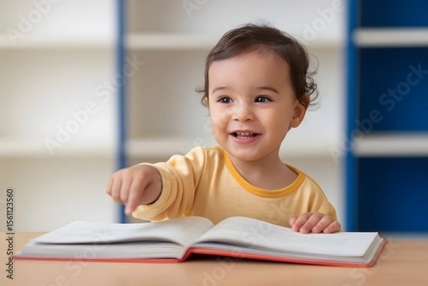Fototapeta Happy Toddler Reading a Book at a Table