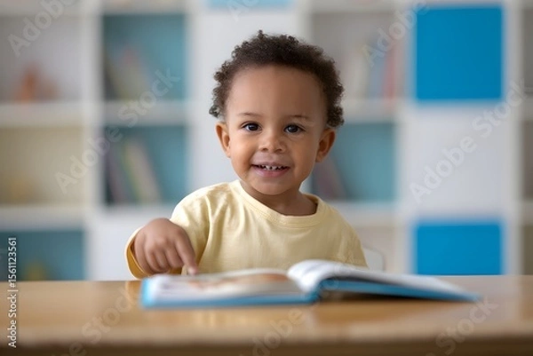 Fototapeta Adorable Toddler Reading a Book in a Classroom Setting
