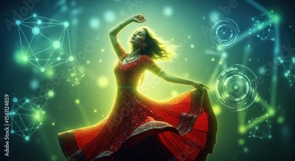 Fototapeta Woman in red dress dancing, surrounded by glowing data and network connections. Concept of digital art and technology.