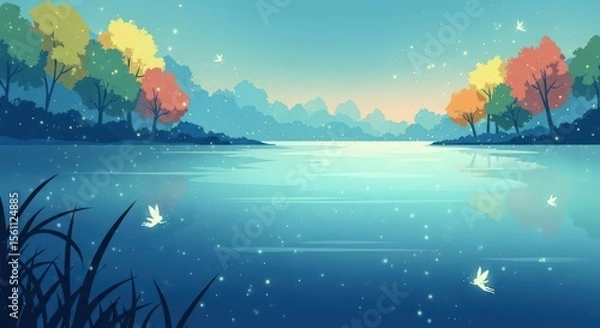 Fototapeta Fairies flying over a magical lake at twilight. Fantasy landscape with glowing dots. Serene nature scene for relaxation and meditation.