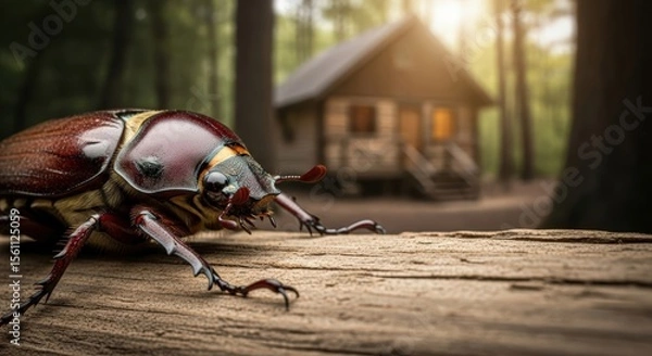 Fototapeta Close up of a brown beetle on a wooden surface with a cabin and forest in the background. Wildlife and nature concept.