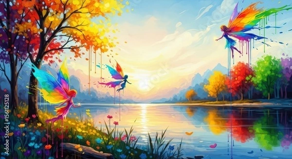 Fototapeta Fairies with rainbow wings flying around a vibrant autumn landscape with colorful trees and a lake during sunset. Fantasy nature.