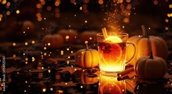 Fototapeta Warm glow from a festive mug with spices and orange slices, surrounded by small pumpkins and autumn leaves, bokeh lights. Holiday season, Thanksgiving concept.