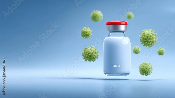 Fototapeta HPV vaccine vial with floating virus particles, representing health and prevention. This emphasizes importance of vaccination for safety