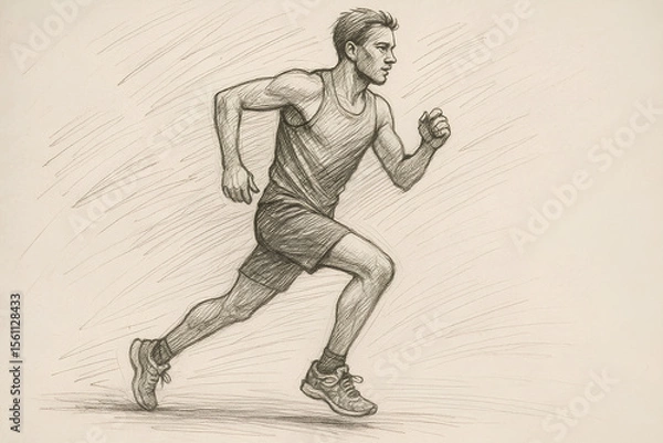 Fototapeta A pencil sketch of a male runner in motion, capturing dynamic energy through strong lines and shading. Athletic physique and speed are emphasized.
Keywords: sketch, runner, motion, athletic, drawi