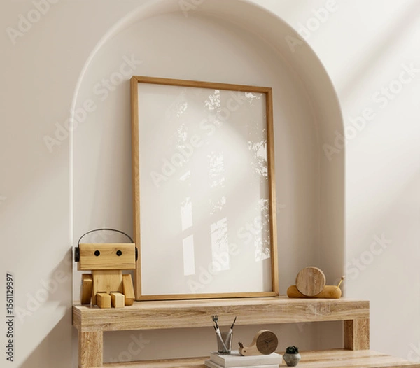 Obraz Beautifully styled, minimalist interior scene featuring a blank wooden picture frame standing upright on a rustic wooden shelf- 3D rendering