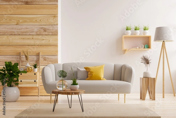 Obraz Bright and cozy living room interior featuring a light gray sofa with yellow and gray cushions, a round wooden coffee table, and decorative plants- 3D rendering