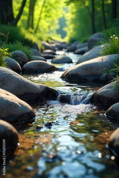 Fototapeta Serene Creek Sunlight Dapples Crystal-Clear Water Flowing Over Smooth Stones, Creating a Peaceful Natural Scene Ideal for Tranquility and Nature Themes