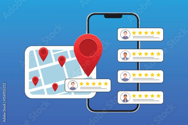Obraz Local SEO. Local seo marketing based on customer ratings and reviews. Regional listings with maps, red pins, and star ratings for nearby places.