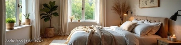 Fototapeta Serene Bedroom Interior Soft Lighting, Plush Bedding, and Calming Decor Create a Peaceful Atmosphere Ideal for Restful Sleep and Relaxation