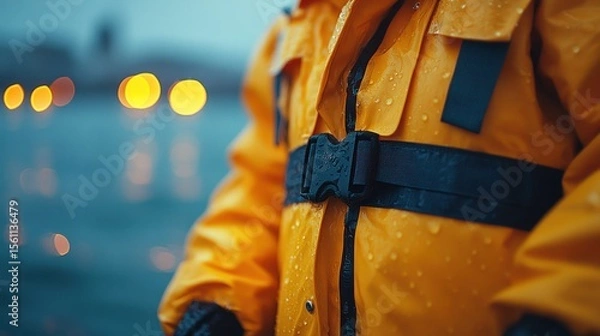Fototapeta Close-up of a person wearing a yellow waterproof jacket with a black buckle belt, standing near water at dusk.