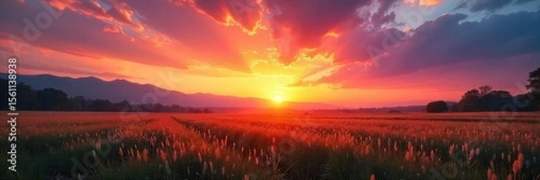 Fototapeta Majestic sunrise paints the sky with vibrant oranges, pinks, and yellows, casting a warm glow over a tranquil landscape Perfect for travel, nature, and inspirational projects , hill, astronomy, dawn