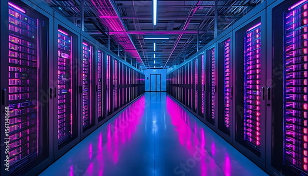 Fototapeta A long row of dark futuristic server cabinets