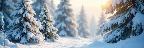 Fototapeta Crisp, wintery scene of snow-laden white pine trees, branches heavy with frost, sunlight illuminating the pristine needles Perfect for holiday, winter, nature themes , fresh, evergreen, environment